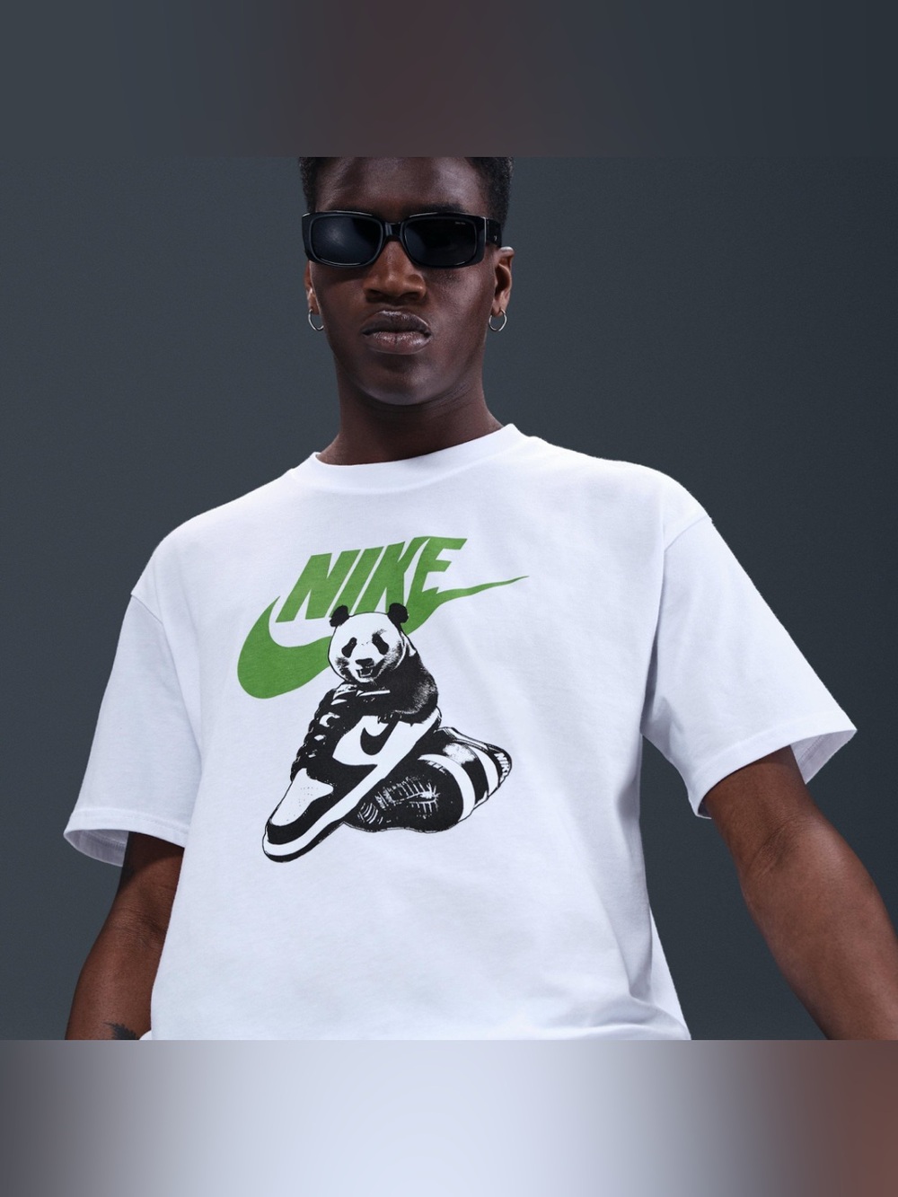 Nike Men’s White Tee with Green Logo and Panda dunk Graphic